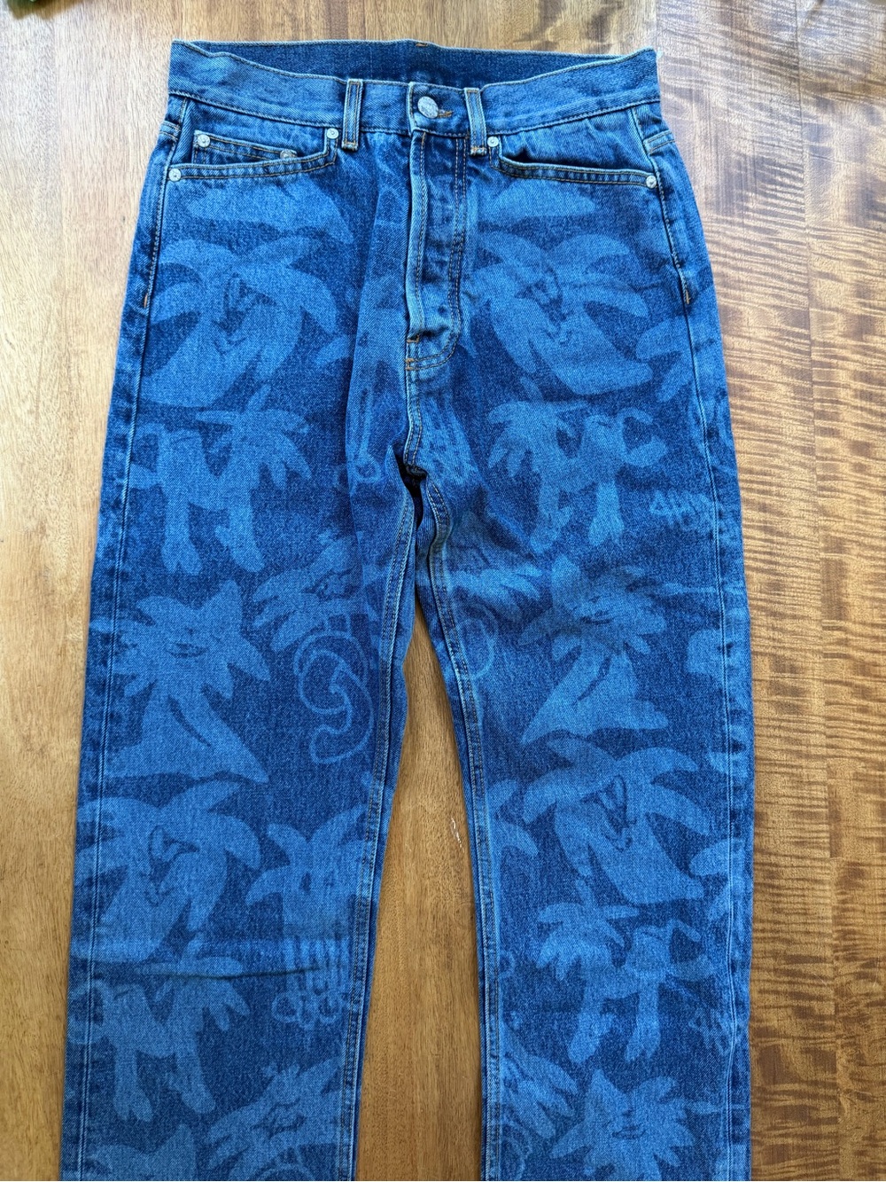 Palm Angels Blue Tonal Palm-Pattern Jeans